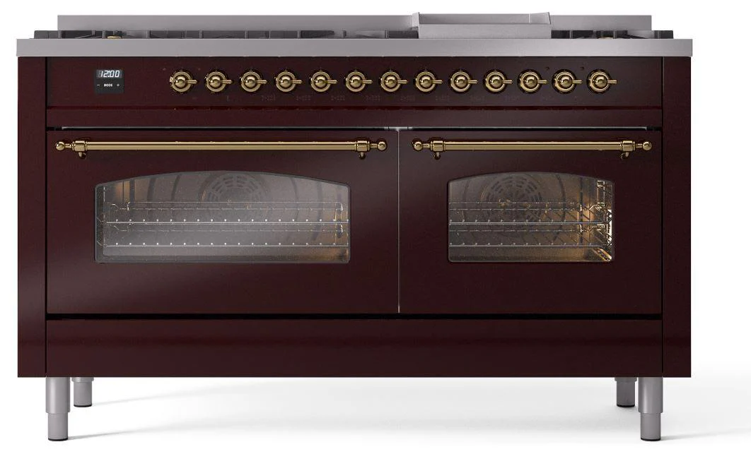 Ilve UP60FNMPBUG Nostalgie Ii 60 Inch Dual Fuel Natural Gas Freestanding Range In Burgundy With Brass Trim - Image 2