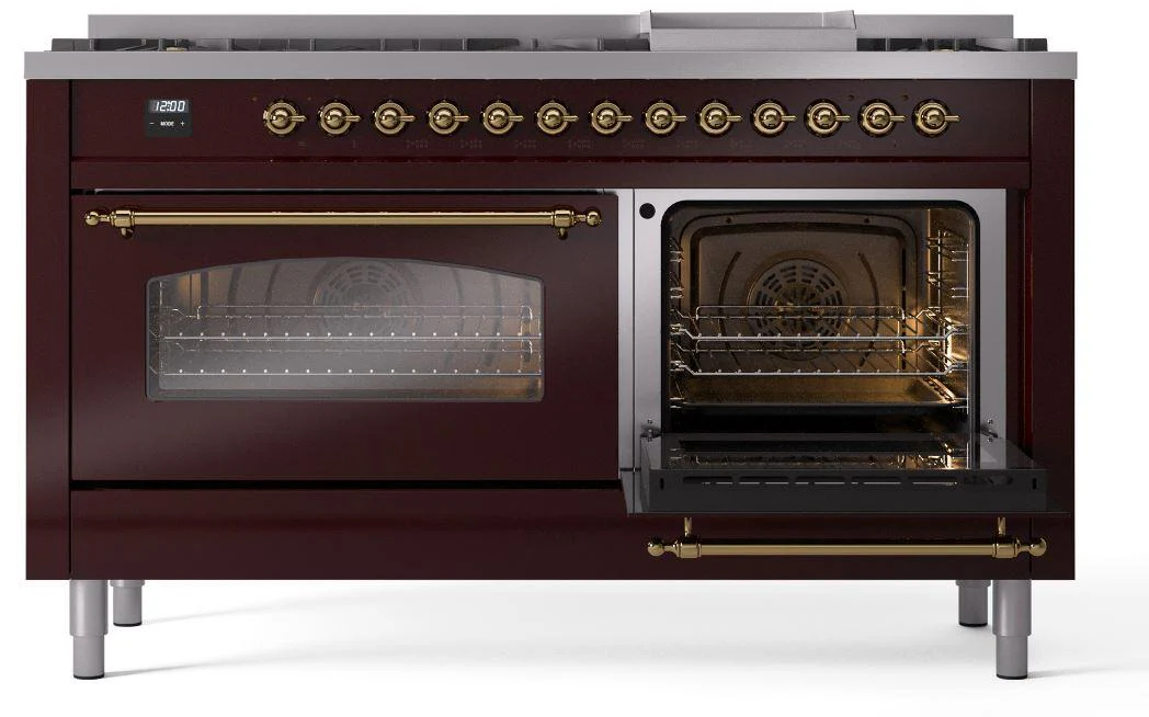 Ilve UP60FNMPBUGLP Nostalgie Ii 60 Inch Dual Fuel Liquid Propane Freestanding Range In Burgundy With Brass Trim - Image 4