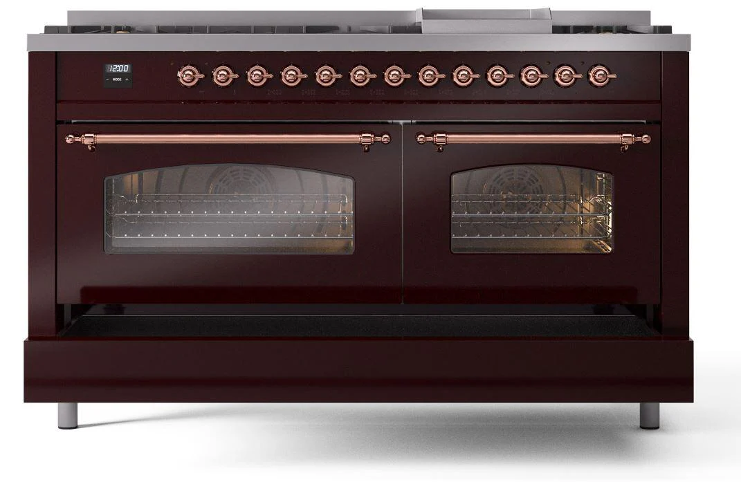 Ilve UP60FNMPBUP Nostalgie Ii 60 Inch Dual Fuel Natural Gas Freestanding Range In Burgundy With Copper Trim - Image 6