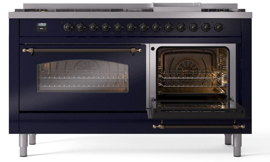 Ilve UP60FNMPMBBLP Nostalgie Ii 60 Inch Dual Fuel Liquid Propane Freestanding Range In Blue With Bronze Trim - Image 4