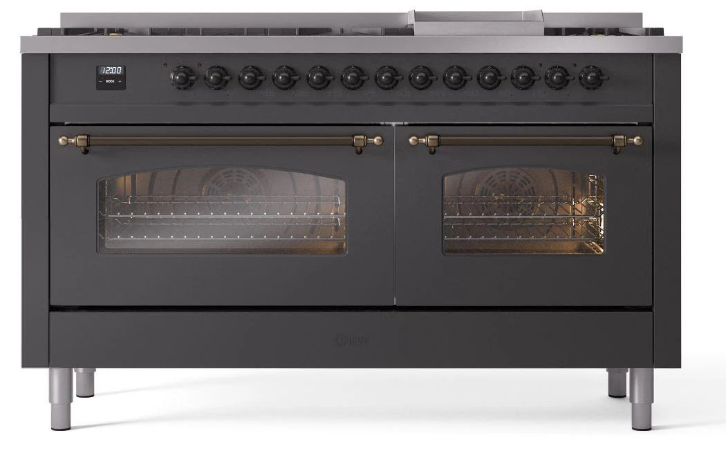 Ilve UP60FNMPMGBLP Nostalgie Ii 60 Inch Dual Fuel Liquid Propane Freestanding Range In Matte Graphite With Bronze Trim - Image 2