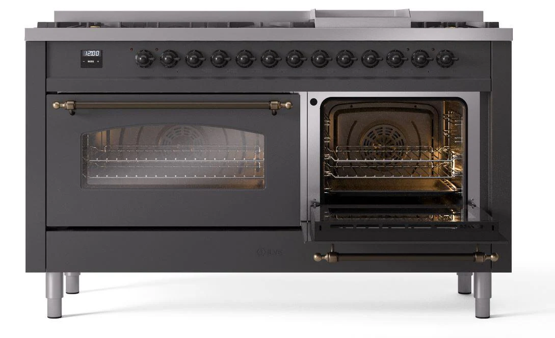 Ilve UP60FNMPMGBLP Nostalgie Ii 60 Inch Dual Fuel Liquid Propane Freestanding Range In Matte Graphite With Bronze Trim - Image 4