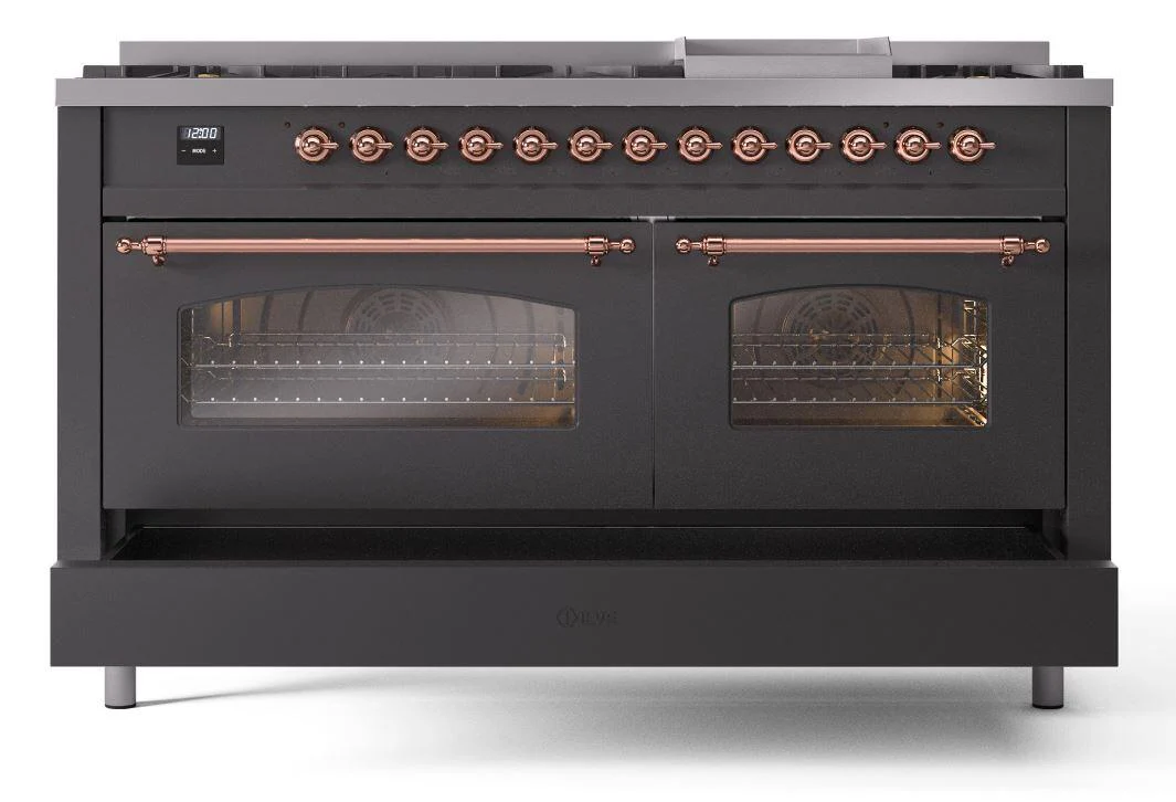 Ilve UP60FNMPMGP Nostalgie Ii 60 Inch Dual Fuel Natural Gas Freestanding Range In Matte Graphite With Copper Trim - Image 6