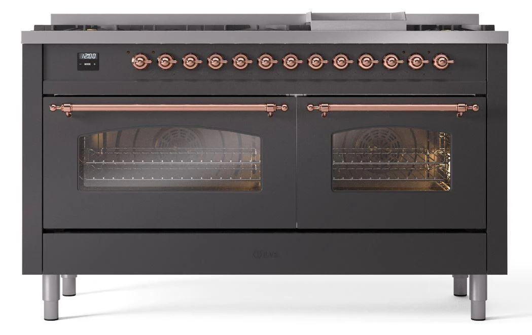 Ilve UP60FNMPMGPLP Nostalgie Ii 60 Inch Dual Fuel Liquid Propane Freestanding Range In Matte Graphite With Copper Trim - Image 2