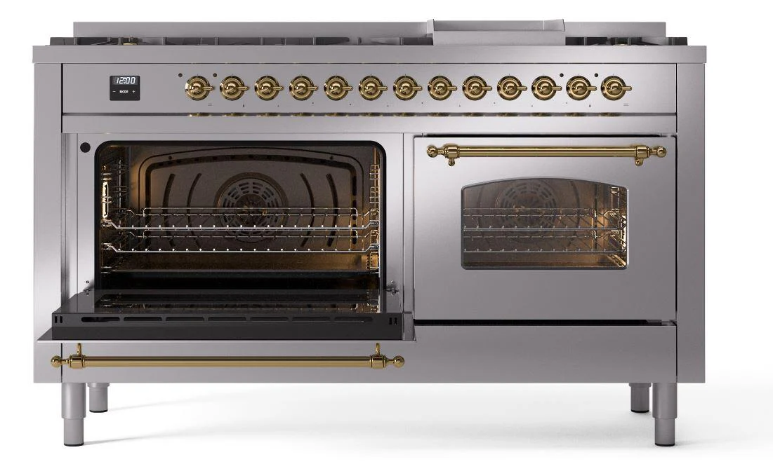 Ilve UP60FNMPSSGLP Nostalgie Ii 60 Inch Dual Fuel Liquid Propane Freestanding Range In Stainless Steel With Brass Trim - Image 3