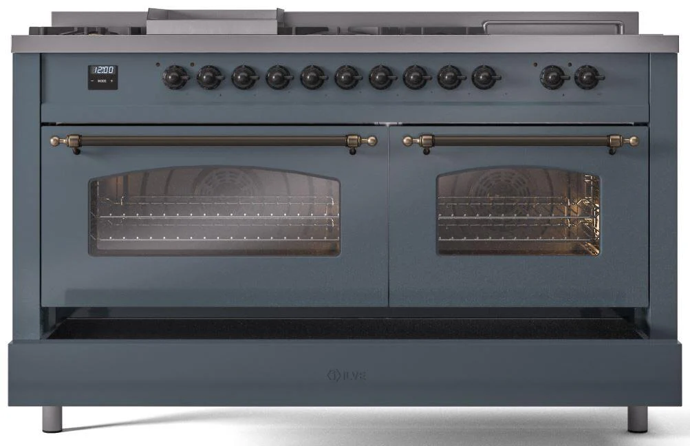 Ilve UP60FSNMPBGB Nostalgie Ii 60 Inch Dual Fuel Natural Gas Freestanding Range In Blue Grey With Bronze Trim - Image 6
