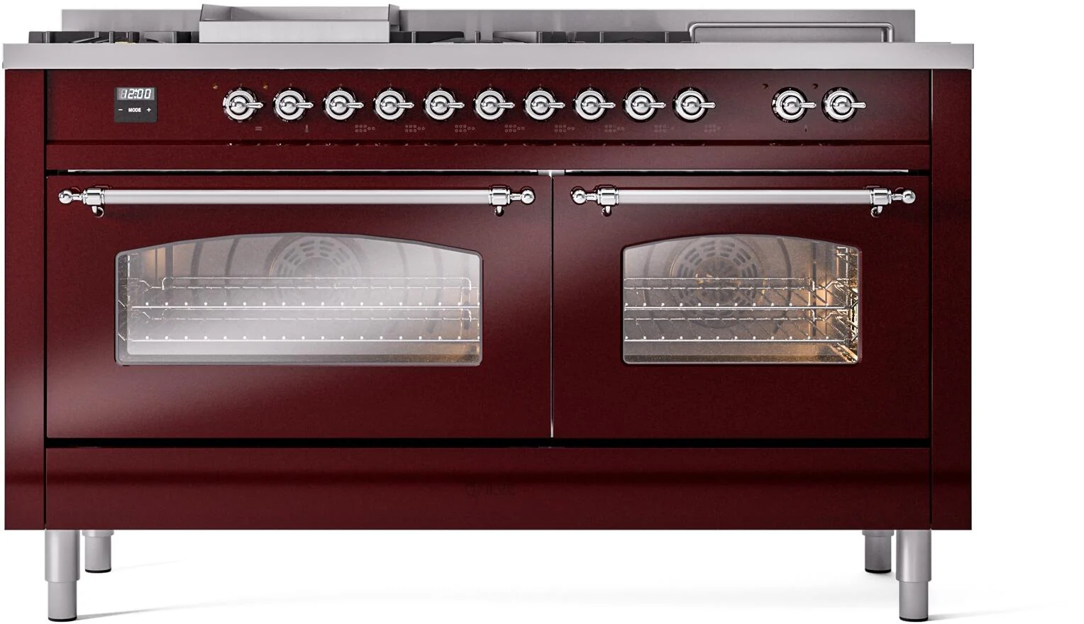 Ilve UP60FSNMPBUCLP Nostalgie Ii 60 Inch Dual Fuel Liquid Propane Freestanding Range In Burgundy With Chrome Trim - Image 2
