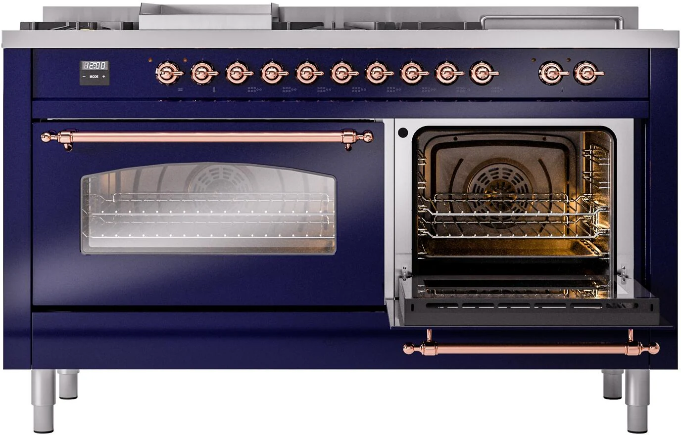 Ilve UP60FSNMPMBPLP Nostalgie Ii 60 Inch Dual Fuel Liquid Propane Freestanding Range In Blue With Copper Trim - Image 5