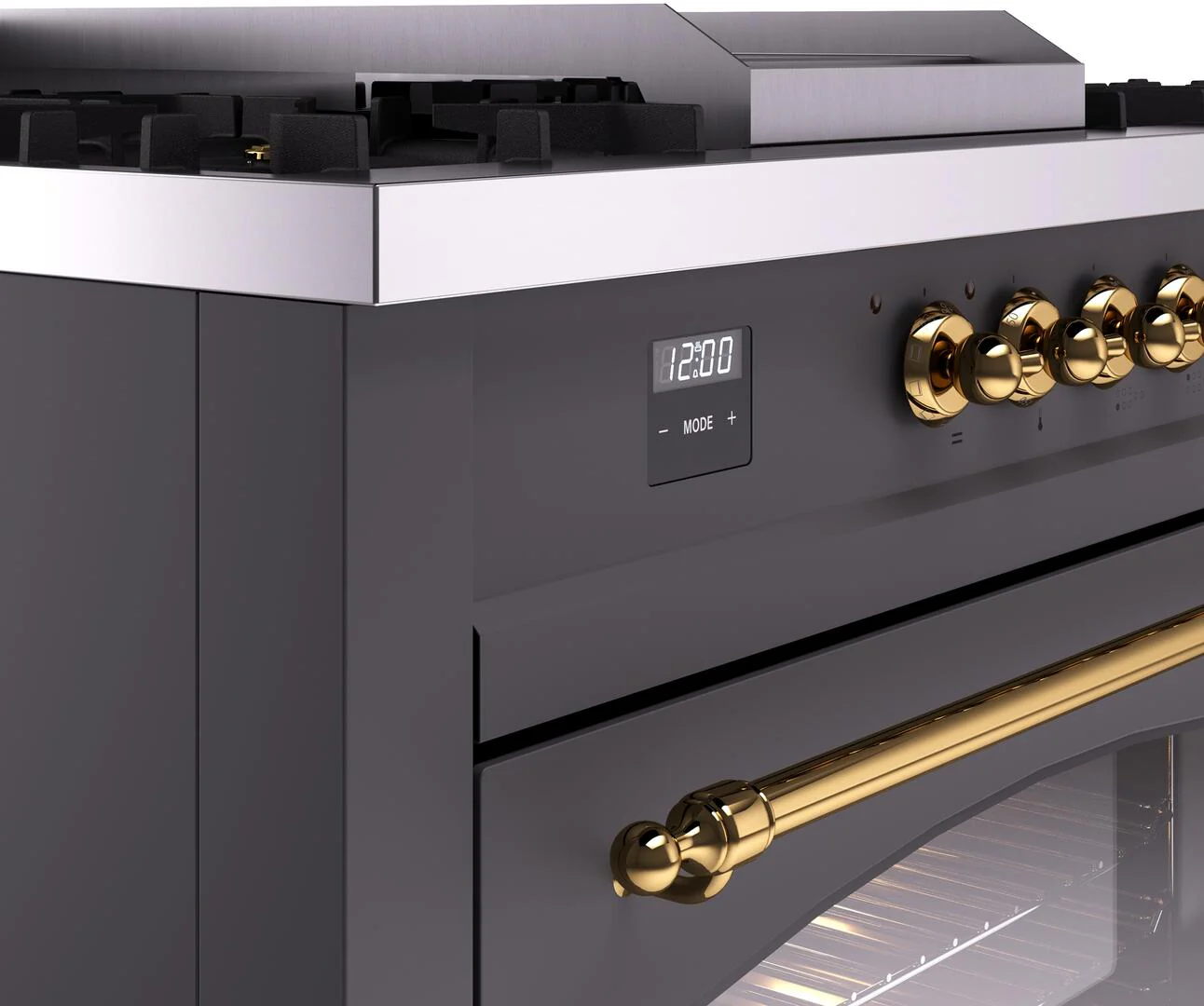 Ilve UP60FSNMPMGG Nostalgie Ii 60 Inch Dual Fuel Natural Gas Freestanding Range In Matte Graphite With Brass Trim - Image 7