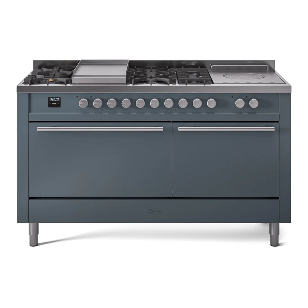 Ilve UP60FSQMPBG Professional Plus Ii 60 Inch Dual Fuel Natural Gas Freestanding Range In Blue Grey With Trim