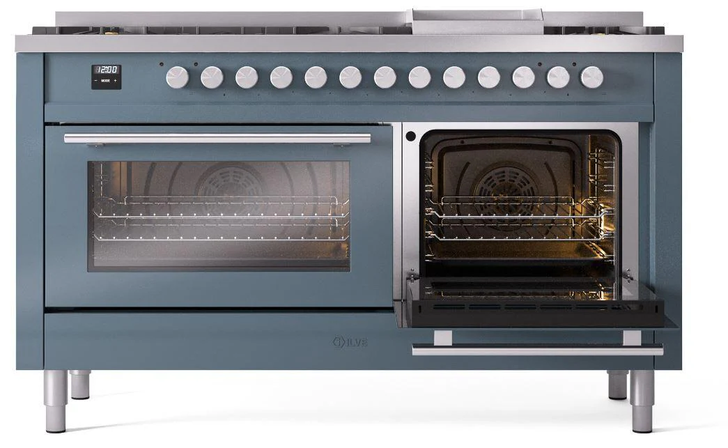 Ilve UP60FWMPBG Professional Plus Ii 60 Inch Dual Fuel Natural Gas Freestanding Range In Blue Grey With Trim - Image 3