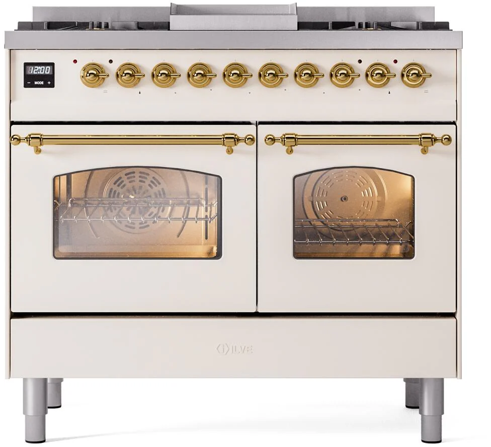 Ilve UPD40FNMPAWGLP Nostalgie Ii 40 Inch Dual Fuel Liquid Propane Freestanding Range In Antique White With Brass Trim - Image 2