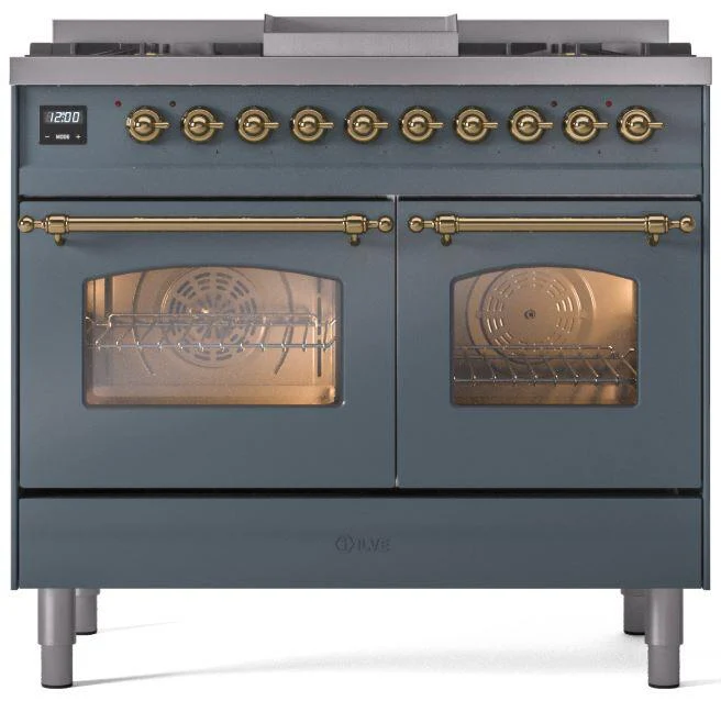 Ilve UPD40FNMPBGGLP Nostalgie Ii 40 Inch Dual Fuel Liquid Propane Freestanding Range In Blue Grey With Brass Trim - Image 2