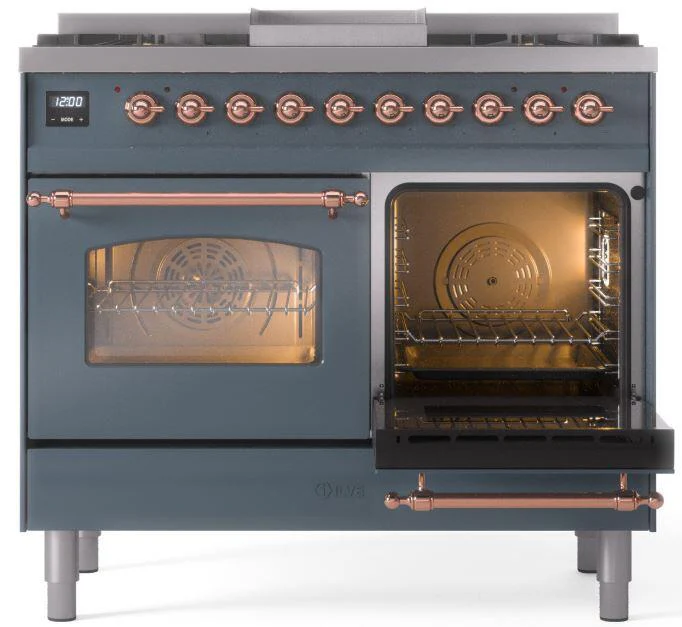 Ilve UPD40FNMPBGP Nostalgie Ii 40 Inch Dual Fuel Natural Gas Freestanding Range In Blue Grey With Copper Trim - Image 4