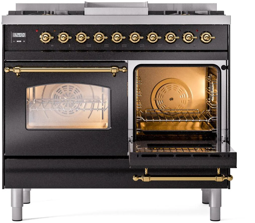 Ilve UPD40FNMPBKGLP Nostalgie Ii 40 Inch Dual Fuel Liquid Propane Freestanding Range In Glossy Black With Brass Trim - Image 5