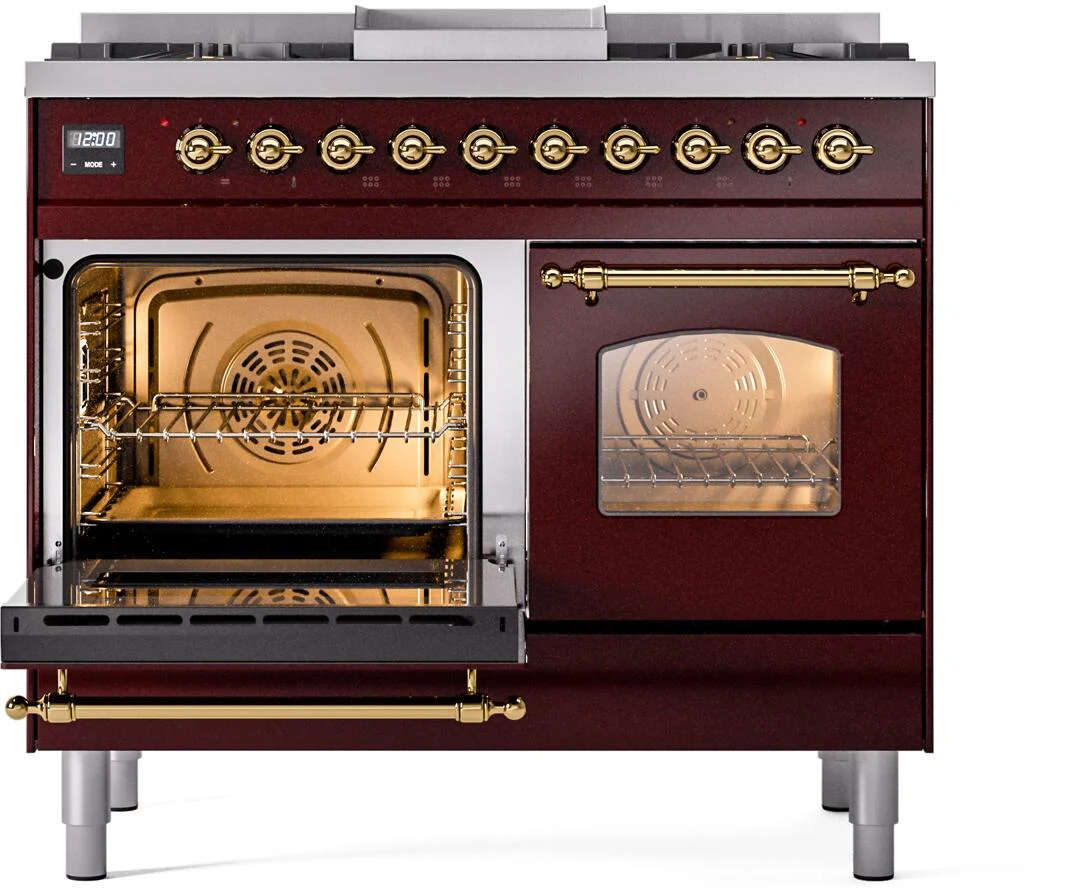 Ilve UPD40FNMPBUG Nostalgie Ii 40 Inch Dual Fuel Natural Gas Freestanding Range In Burgundy With Brass Trim - Image 4