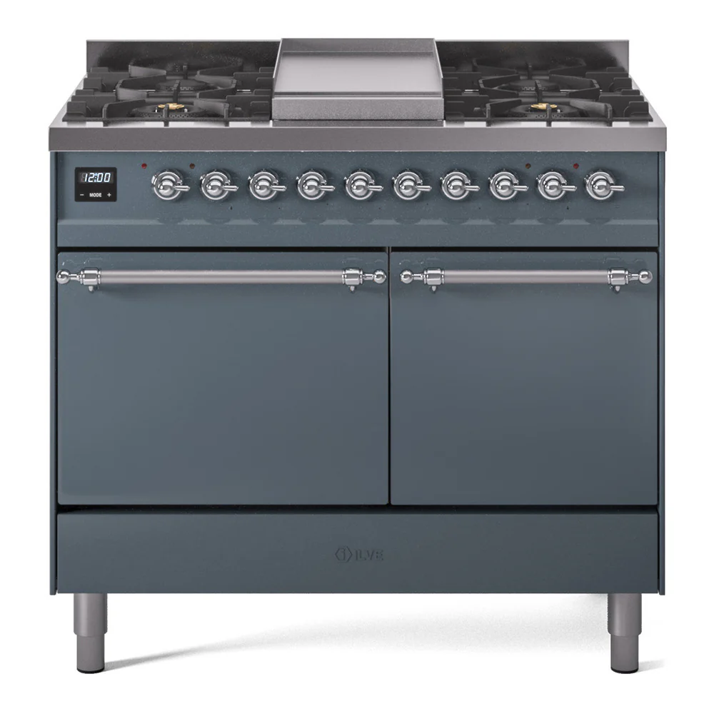 Ilve UPD40FQNMPBGC Nostalgie Ii 40 Inch Dual Fuel Natural Gas Freestanding Range In Blue Grey With Chrome Trim