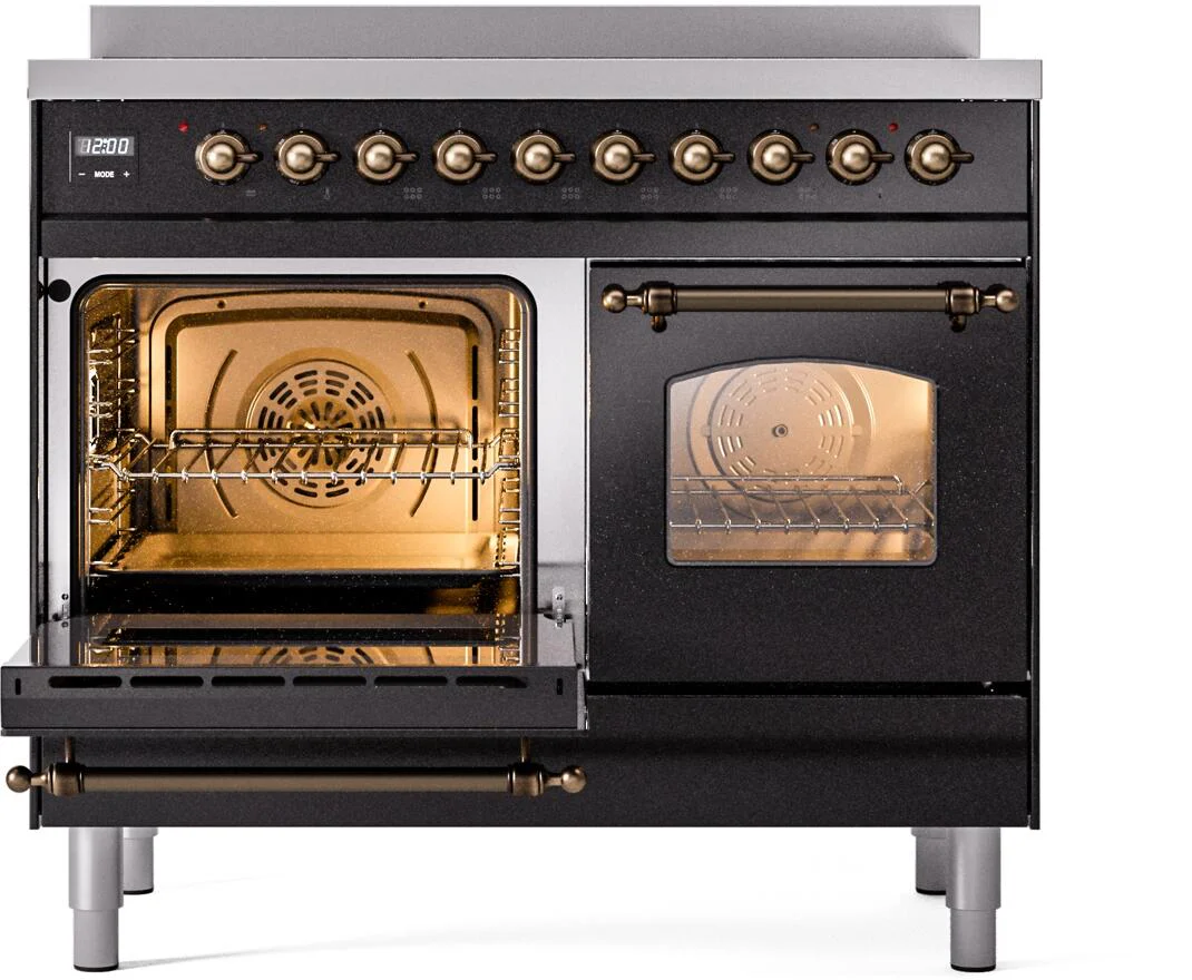 Ilve UPDI406NMPBKB Nostalgie Ii 40 Inch Electric Freestanding Range In Glossy Black With Bronze Trim - Image 3