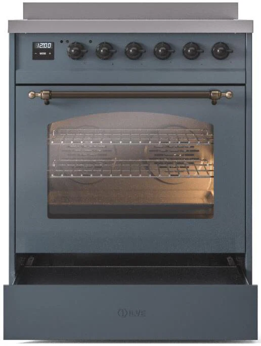 Ilve UPI304NMPBGB Nostalgie Ii 30 Inch Electric Freestanding Range In Blue Grey With Bronze Trim - Image 4