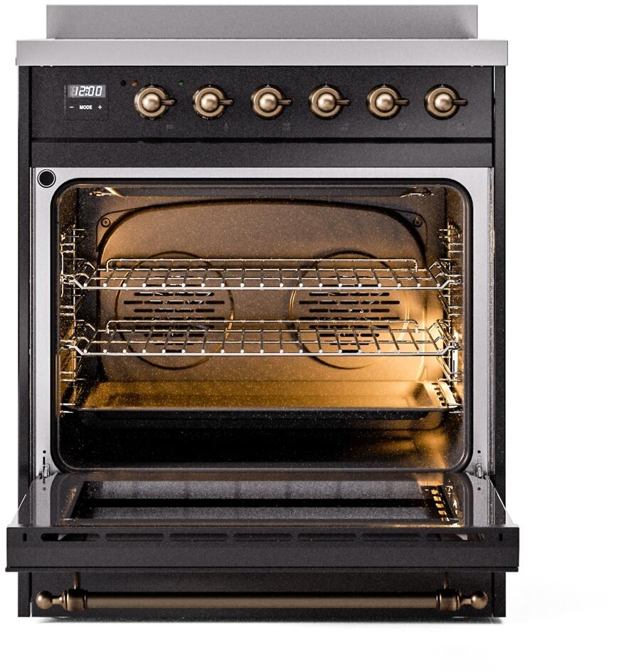 Ilve UPI304NMPBKB Nostalgie Ii 30 Inch Electric Freestanding Range In Glossy Black With Bronze Trim - Image 3