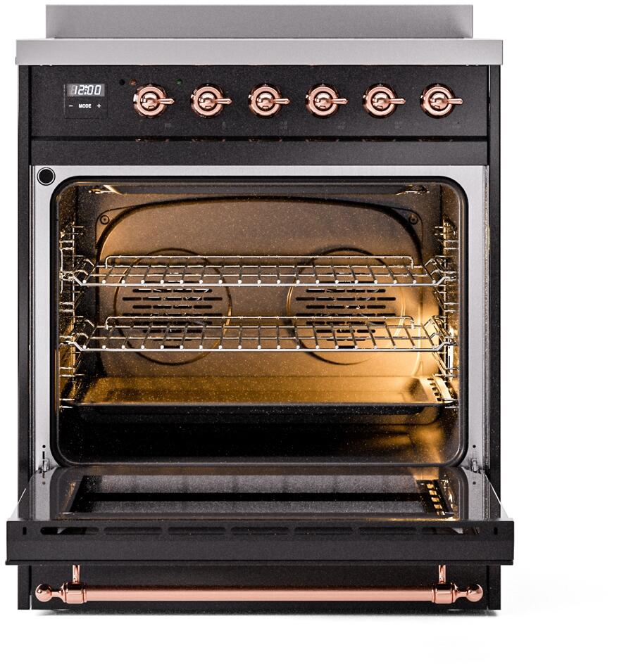 Ilve UPI304NMPBKP Nostalgie Ii 30 Inch Electric Freestanding Range In Glossy Black With Copper Trim - Image 3