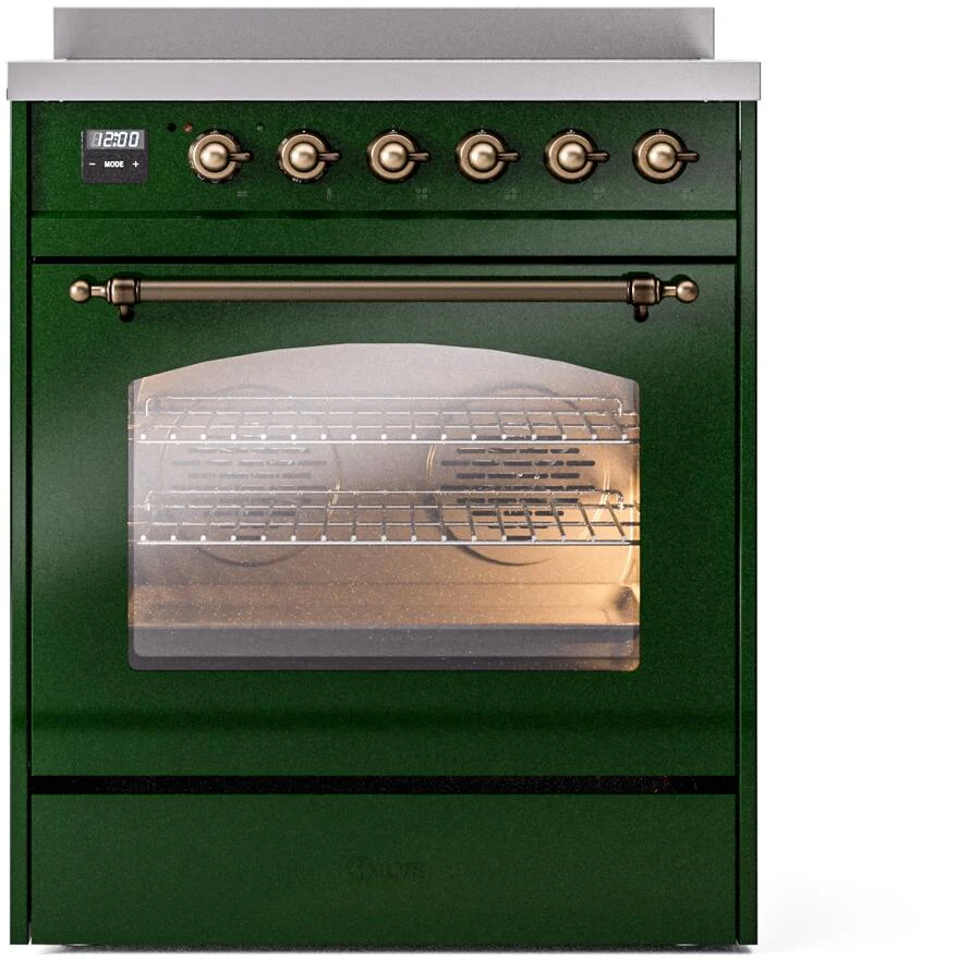 Ilve UPI304NMPEGB Nostalgie Ii 30 Inch Electric Freestanding Range In Emerald Green With Bronze Trim - Image 2