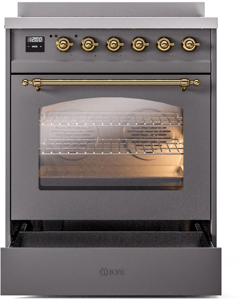 Ilve UPI304NMPMGG Nostalgie Ii 30 Inch Electric Freestanding Range In Matte Graphite With Brass Trim - Image 4