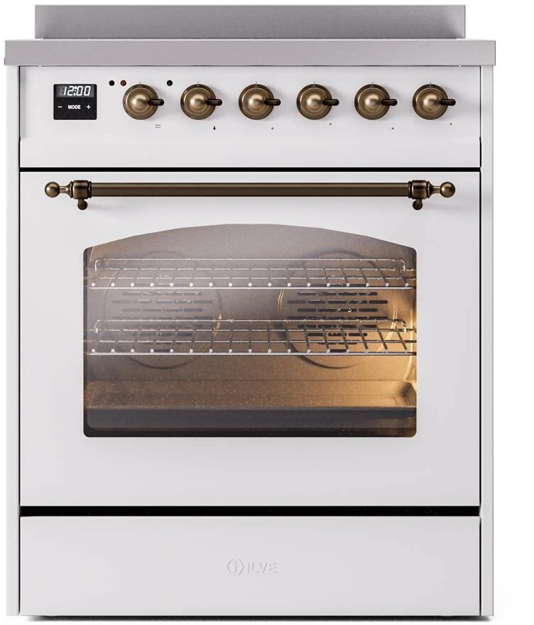 Ilve UPI304NMPWHB Nostalgie Ii 30 Inch Electric Freestanding Range In White With Bronze Trim - Image 2