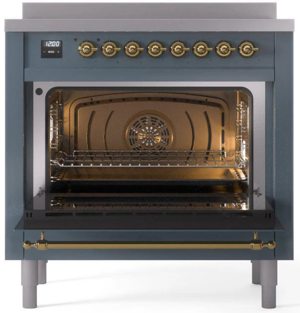 Ilve UPI366NMPBGG Nostalgie Ii 36 Inch Electric Freestanding Range In Blue Grey With Brass Trim - Image 3