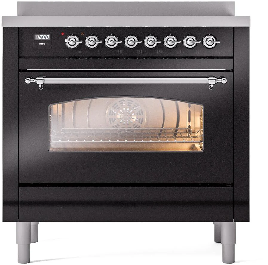 Ilve UPI366NMPBKC Nostalgie Ii 36 Inch Electric Freestanding Range In Glossy Black With Chrome Trim - Image 2
