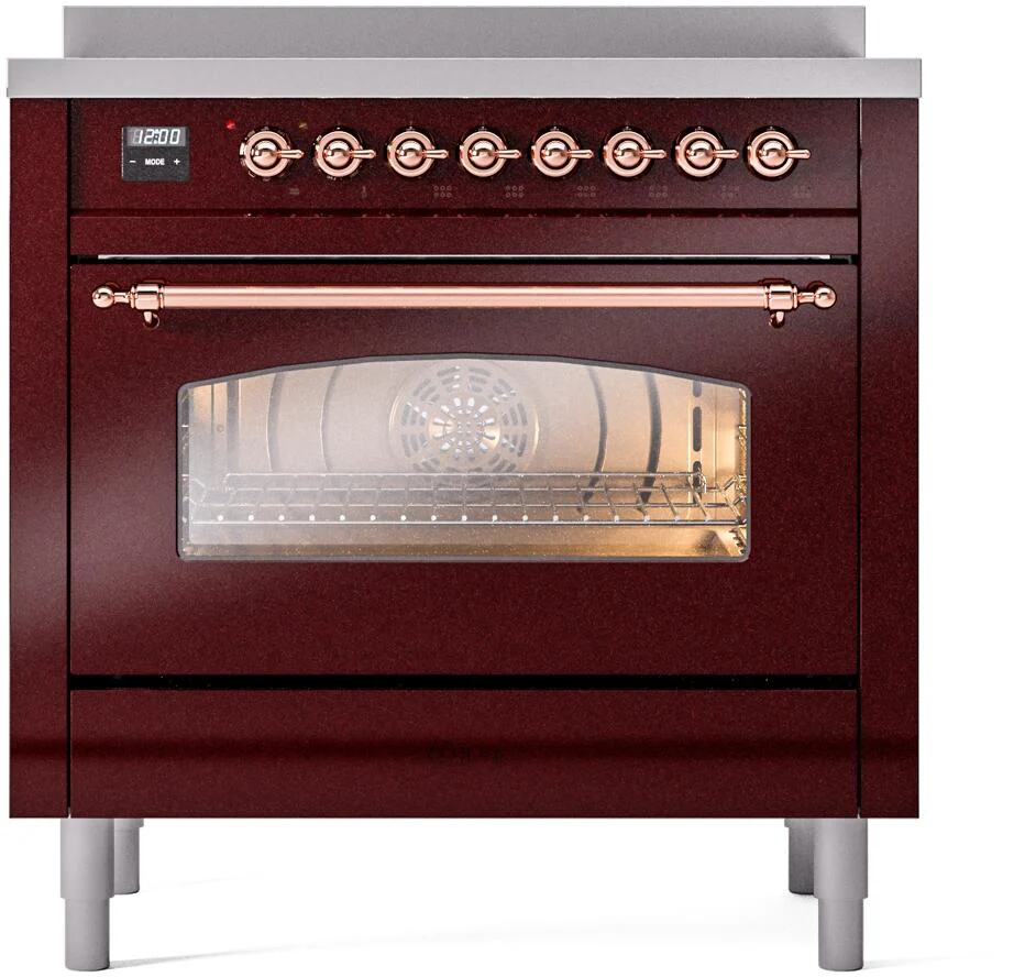 Ilve UPI366NMPBUP Nostalgie Ii 36 Inch Electric Freestanding Range In Burgundy With Copper Trim - Image 2