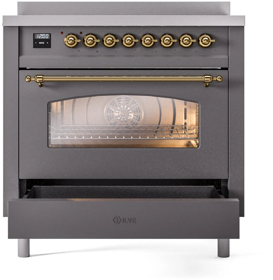 Ilve UPI366NMPMGG Nostalgie Ii 36 Inch Electric Freestanding Range In Matte Graphite With Brass Trim - Image 4