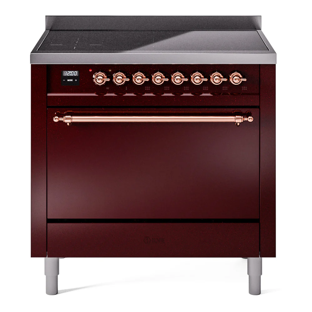 Ilve UPI366QNMPBUP Nostalgie Ii 36 Inch Electric Freestanding Range In Burgundy With Copper Trim