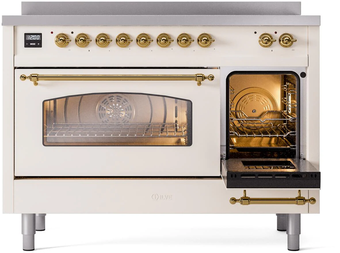 Ilve UPI486NMPAWG Nostalgie Ii 48 Inch Electric Freestanding Range In Antique White With Brass Trim - Image 5