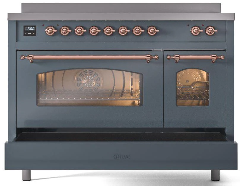 Ilve UPI486NMPBGP Nostalgie Ii 48 Inch Electric Freestanding Range In Blue Grey With Copper Trim - Image 6