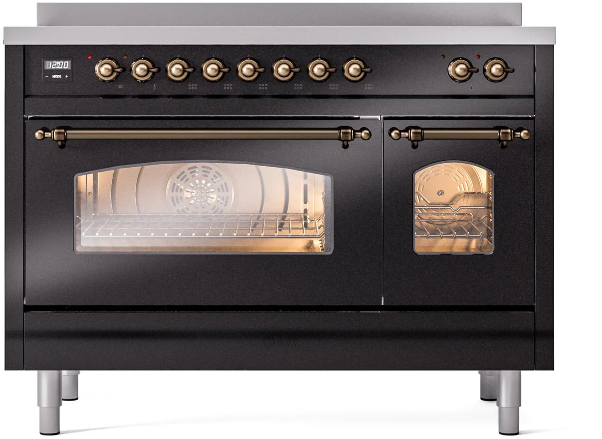 Ilve UPI486NMPBKB Nostalgie Ii 48 Inch Electric Freestanding Range In Glossy Black With Bronze Trim - Image 2