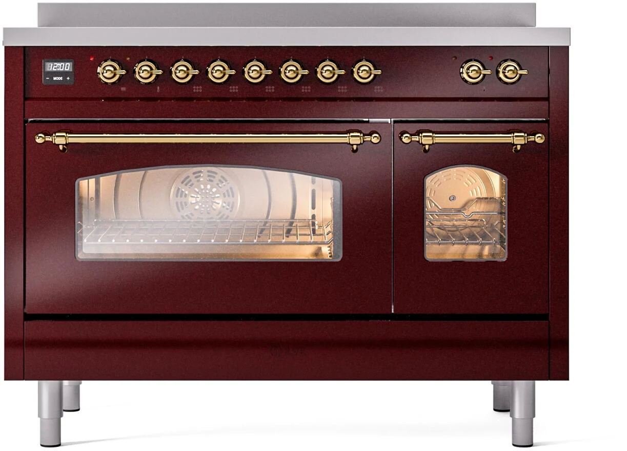Ilve UPI486NMPBUG Nostalgie Ii 48 Inch Electric Freestanding Range In Burgundy With Brass Trim - Image 2