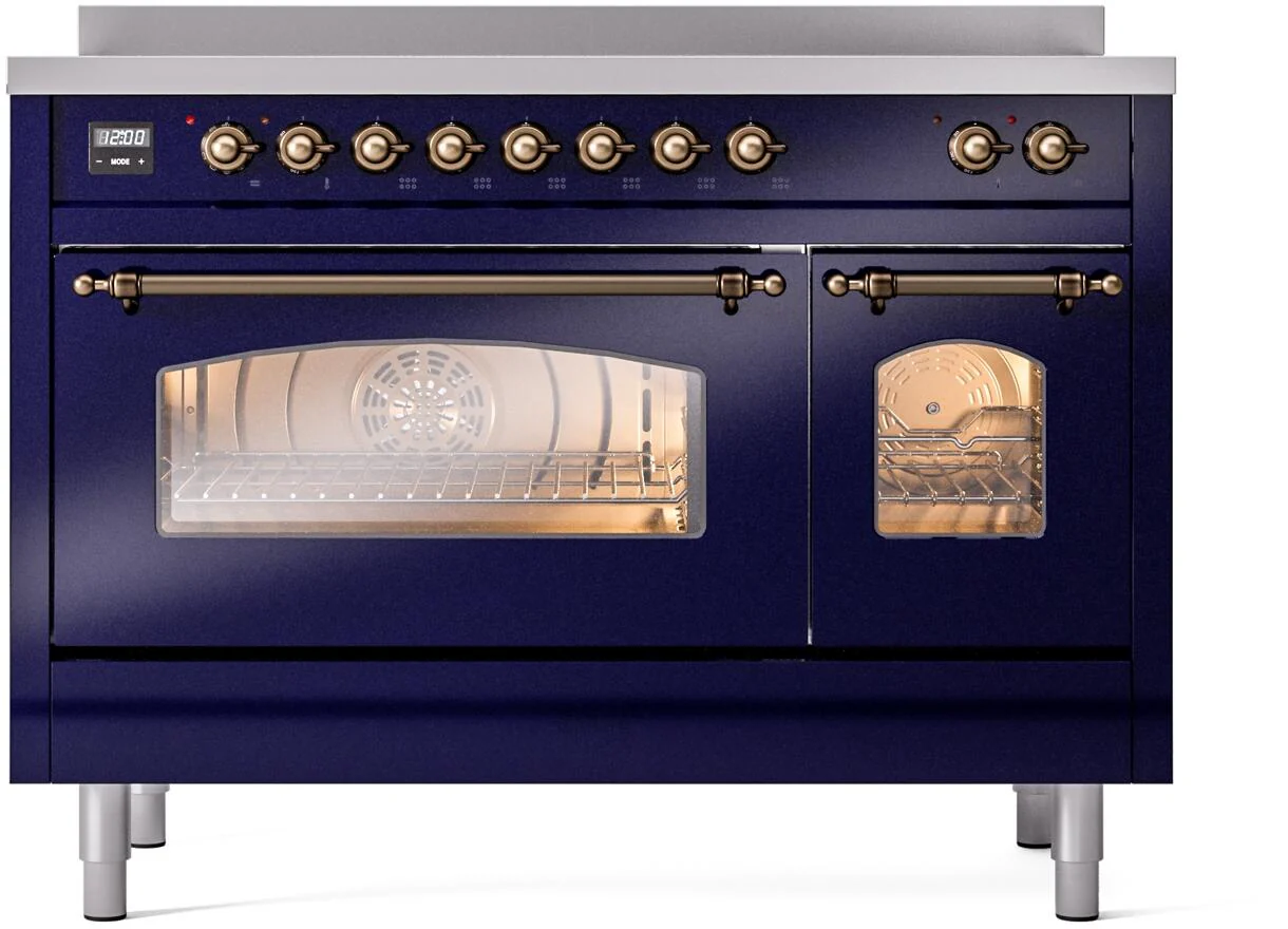 Ilve UPI486NMPMBB Nostalgie Ii 48 Inch Electric Freestanding Range In Blue With Bronze Trim - Image 2