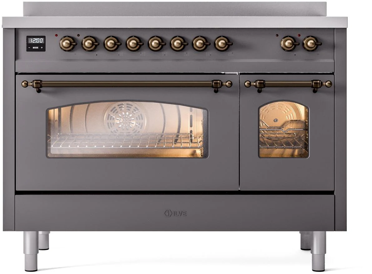 Ilve UPI486NMPMGB Nostalgie Ii 48 Inch Electric Freestanding Range In Matte Graphite With Bronze Trim - Image 2