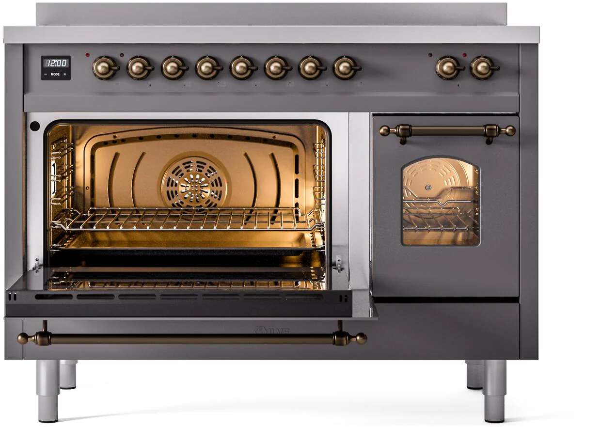 Ilve UPI486NMPMGB Nostalgie Ii 48 Inch Electric Freestanding Range In Matte Graphite With Bronze Trim - Image 3