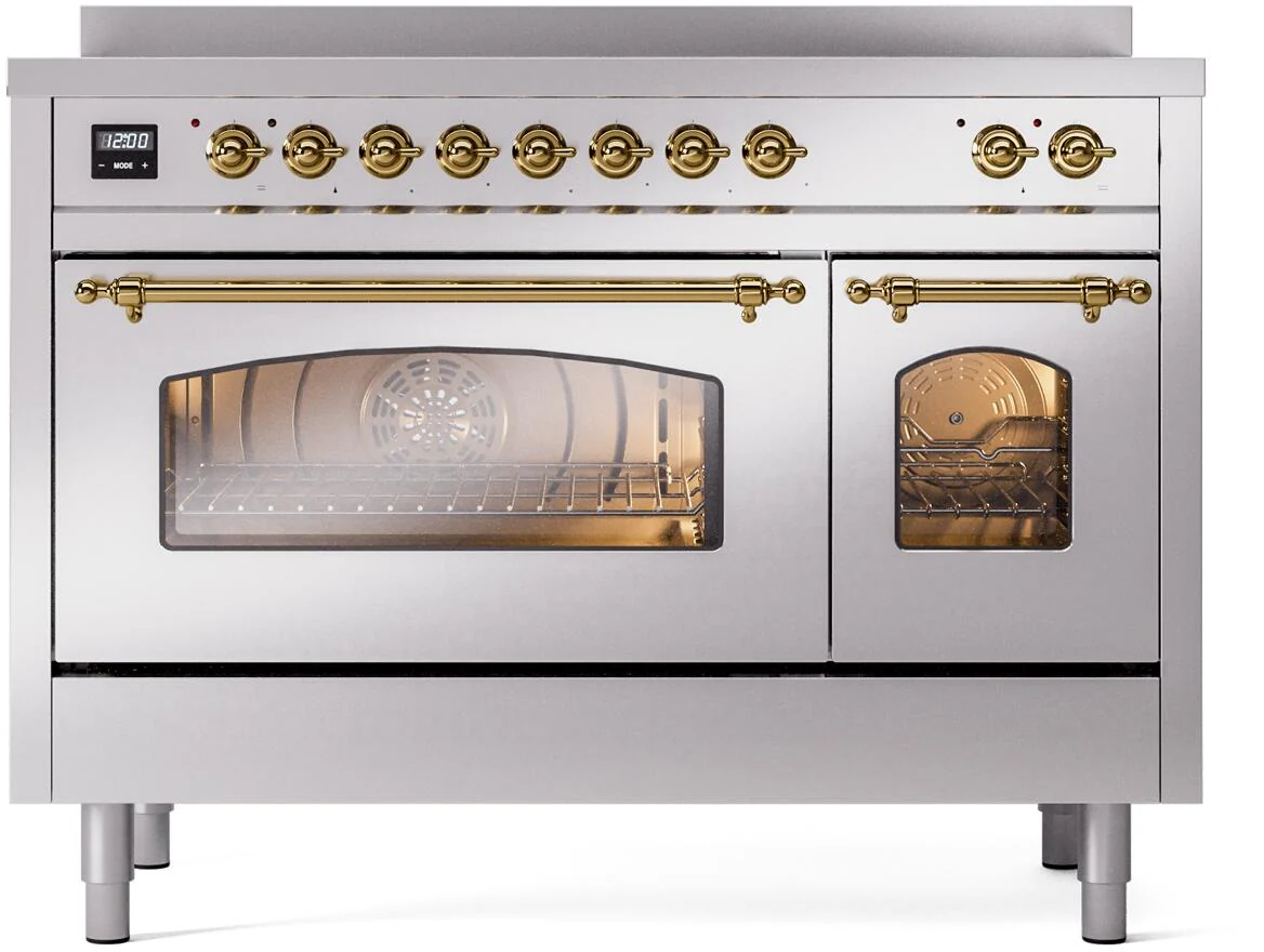 Ilve UPI486NMPSSG Nostalgie Ii 48 Inch Electric Freestanding Range In Stainless Steel With Brass Trim - Image 2