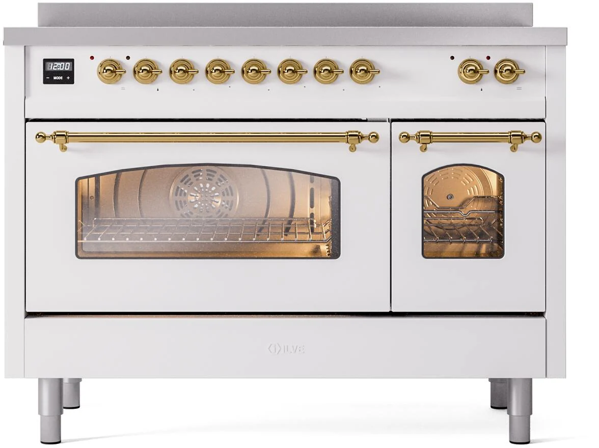 Ilve UPI486NMPWHG Nostalgie Ii 48 Inch Electric Freestanding Range In White With Brass Trim - Image 2