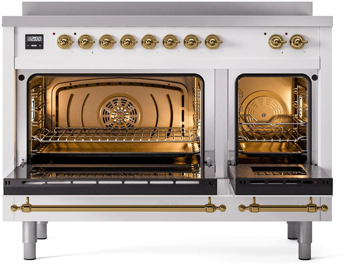 Ilve UPI486NMPWHG Nostalgie Ii 48 Inch Electric Freestanding Range In White With Brass Trim - Image 3