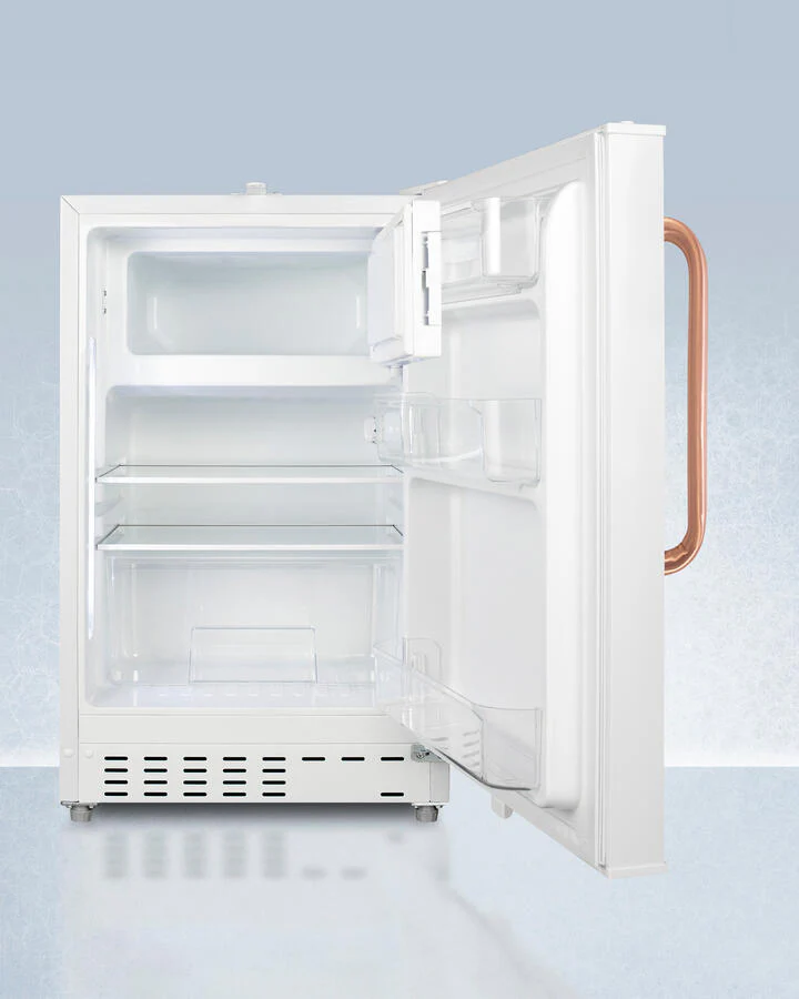 Summit ADA302RFZTBC Built-In Undercounter, Ada Compliant Refrigerator-Freezer In White, Designed For General Purpose Storage, With Pure Copper Towel Bar Handle, Manual Defrost With Glass Shelves, Front Lock, And Door Storage - Image 4