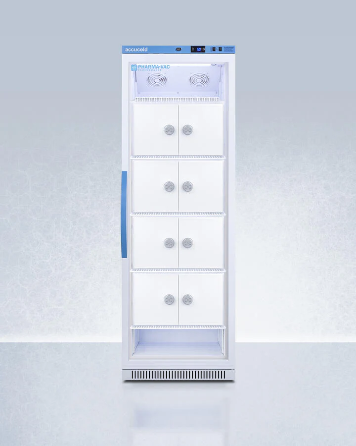 Summit ARG15PVLOCKER Performance Series Pharma-Vac 15 Cu.Ft. Upright Glass Door Commercial All-Refrigerator With Lockers For The Display And Refrigeration Of Vaccines, With Antimicrobial Silver-Ion Handle And Hospital Grade Cord With 'Green Dot' Plug