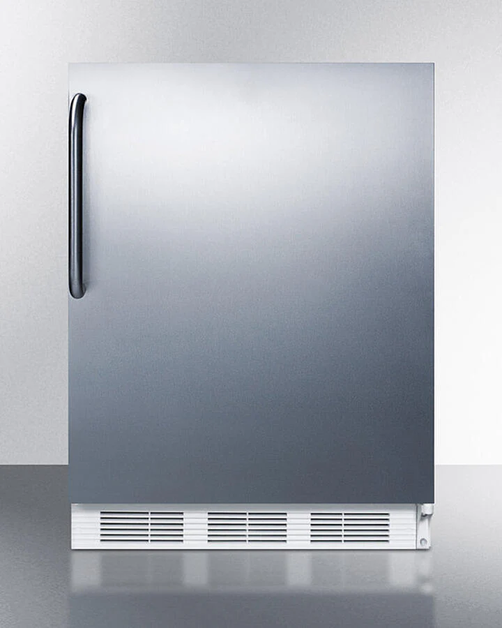 Summit CT661WSSTB Freestanding Counter Height Refrigerator-Freezer For Residential Use, Cycle Defrost With A Stainless Steel Wrapped Door, Towel Bar Handle, And White Cabinet
