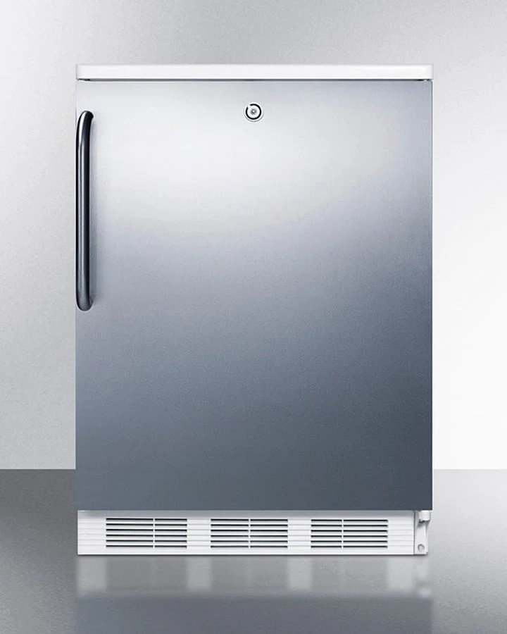 Summit FF6LW7SSTB Commercially Listed Freestanding All-Refrigerator For General Purpose Use, Auto Defrost W/Lock, Ss Wrapped Door, Towel Bar Handle, And White Cabinet