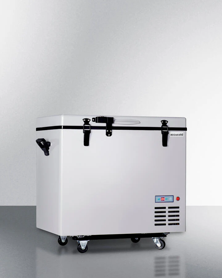 Summit SPRF86M2 Portable 12V/24V Cooler Capable Of Operation As Refrigerator (2-8(Degree)C) Or Freezer (-12(Degree)C), With Insulated Cover, Interior Wire Basket, Factory-Installed Lock, Strap Handle, And Four Pre-Installed Wheels - Image 3